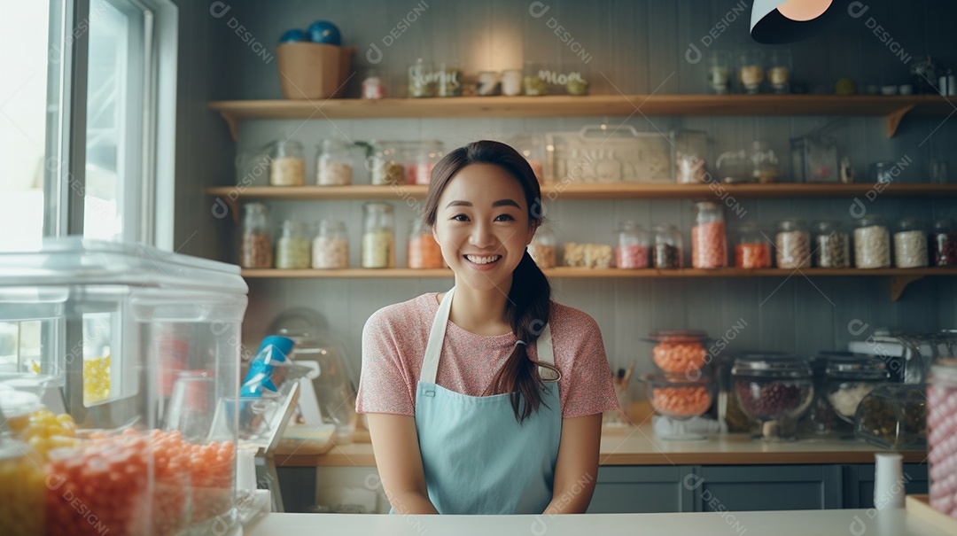 Mulher trabalhando em uma loja de doces