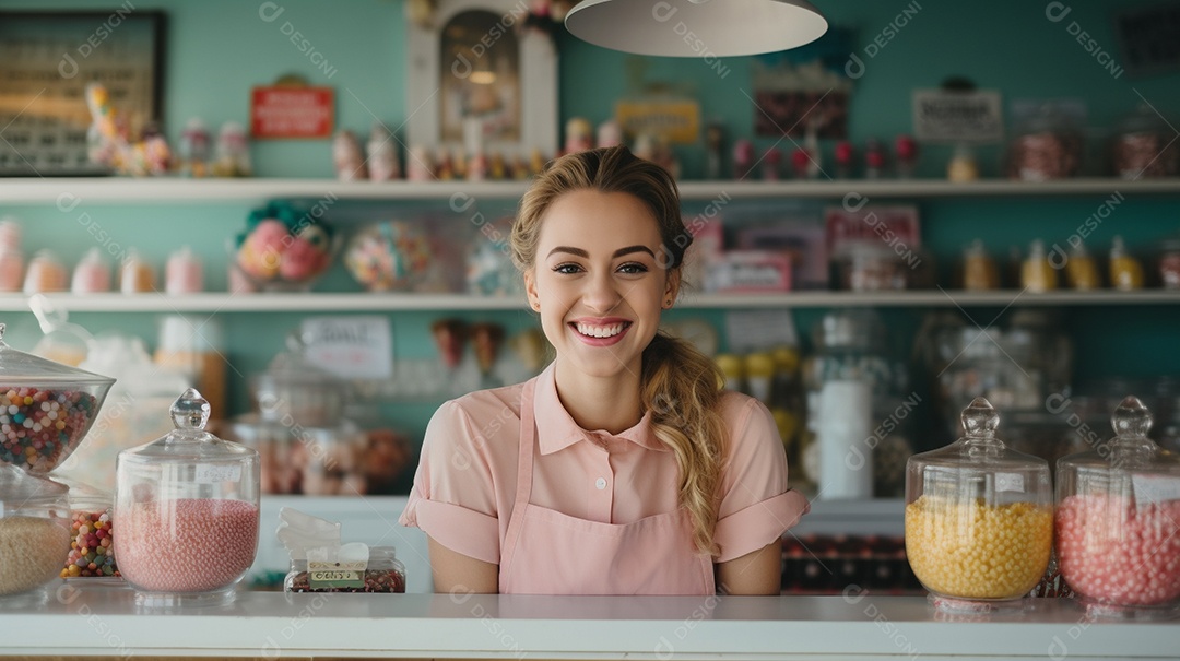 Mulher trabalhando em uma loja de doces