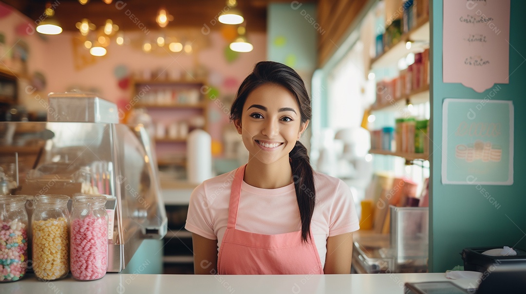 Mulher trabalhando em uma loja de doces