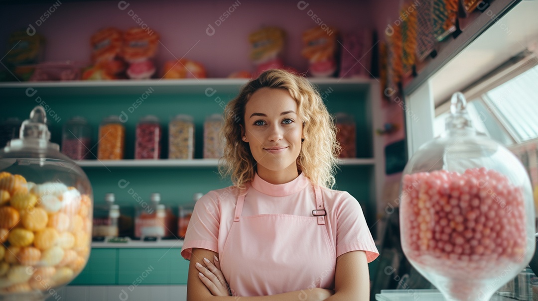 Mulher trabalhando em uma loja de doces