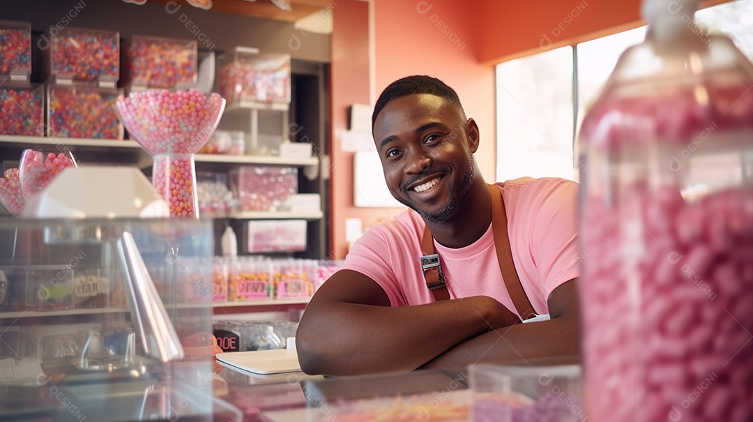 Homem negro trabalhando em uma loja de doces