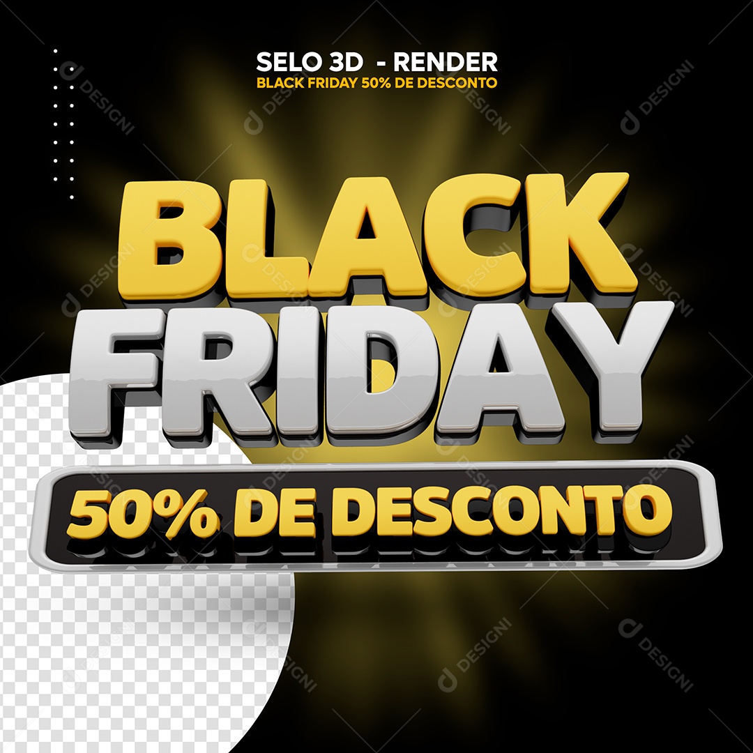 Black Friday 50% de Desconto Selo 3D Branco Preto para Composição PSD