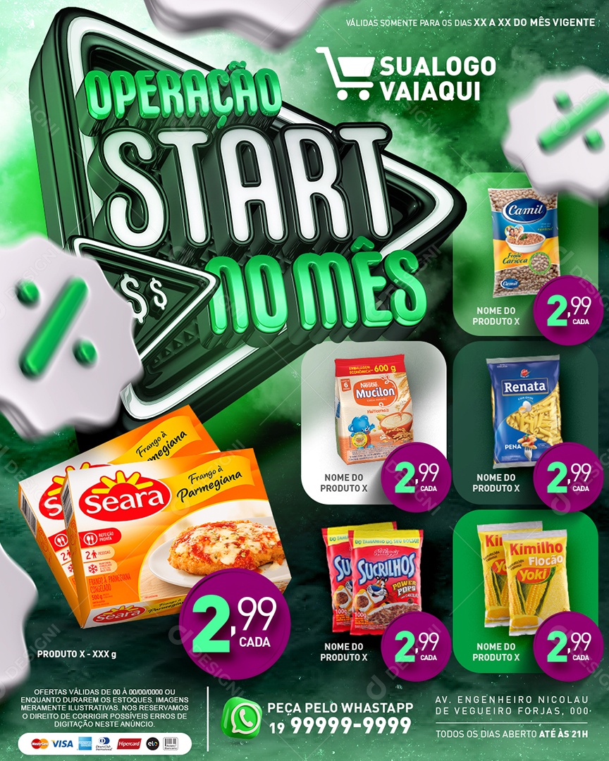 Tabloide Operação Start no Mês Produtos Feijão Frango à Parmegiana Macarrão Supermercado Social Media PSD Editável