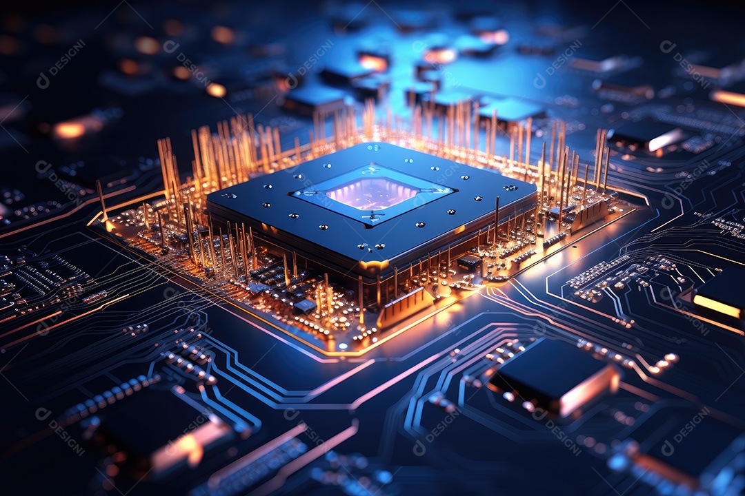 Processador de chipset de inteligência artificial em placa de circuito trabalhando em análise de dados aprendizado de máquina e conceito de tecnologia futurista IA generativa