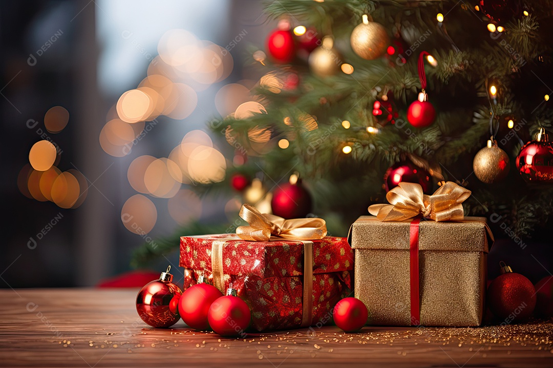 Fundo de bokeh de caixa de presente de bola de árvore de decoração de Natal