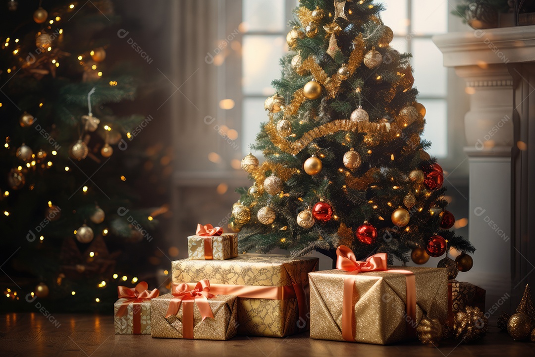 Fundo de bokeh de caixa de presente de bola de árvore de decoração de Natal