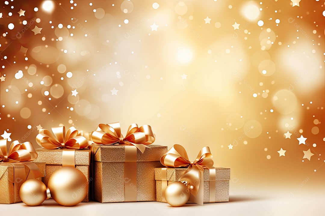 Caixas de presentes de Natal no chão sobre fundo de luzes bokeh