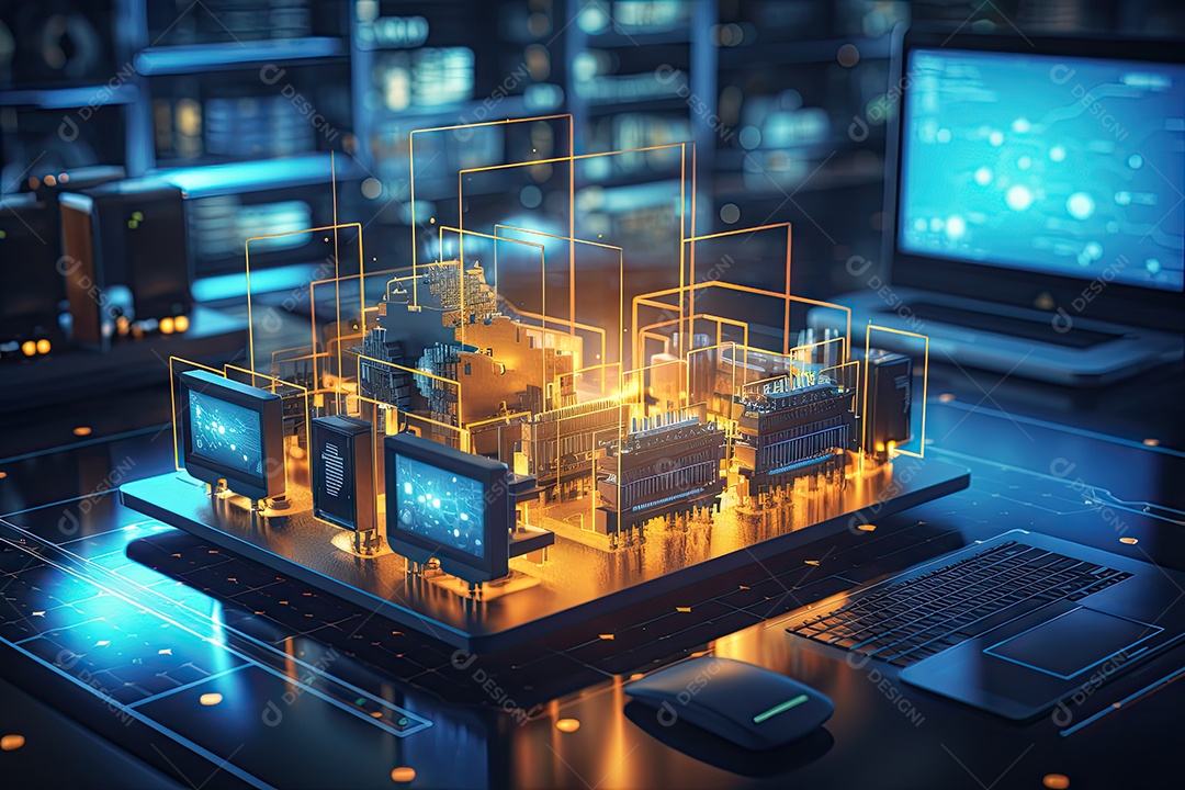 Processador de chipset de inteligência artificial em placa de circuito trabalhando em análise de dados aprendizado de máquina e conceito de tecnologia futurista IA generativa