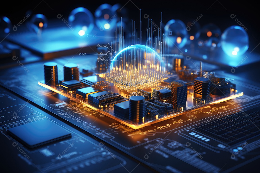 Processador de chipset de inteligência artificial em placa de circuito trabalhando em análise de dados aprendizado de máquina e conceito de tecnologia futurista IA generativa
