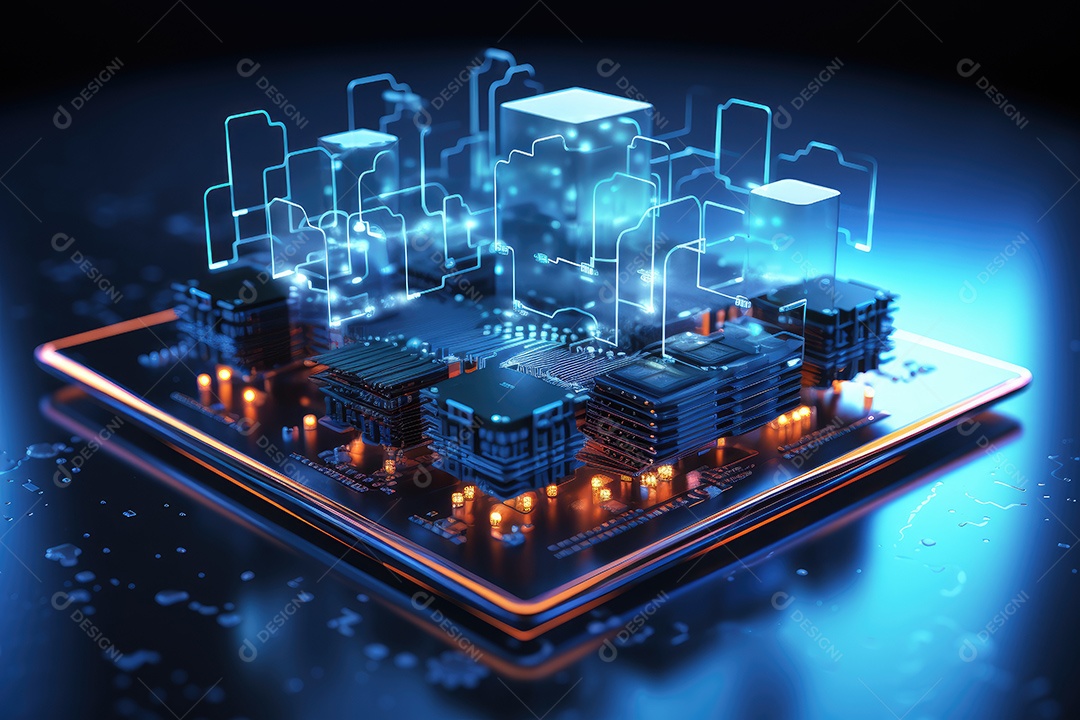 Processador de chipset de inteligência artificial em placa de circuito trabalhando em análise de dados aprendizado de máquina e conceito de tecnologia futurista IA generativa
