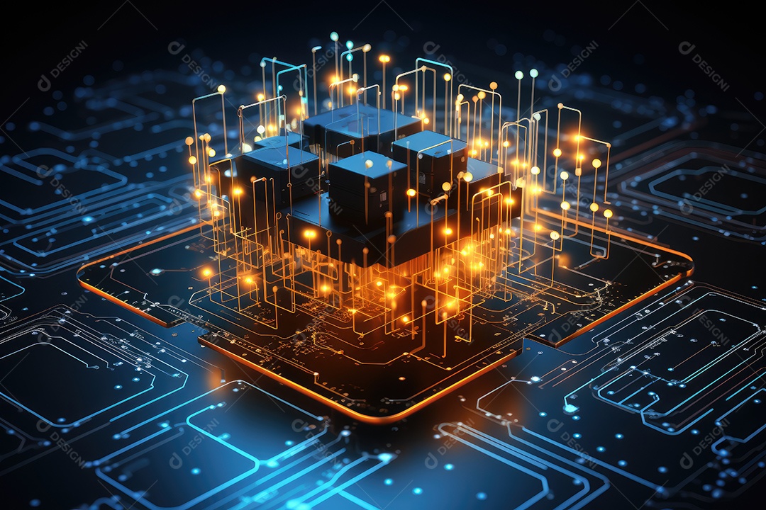 Processador de chipset de inteligência artificial em placa de circuito trabalhando em análise de dados aprendizado de máquina e conceito de tecnologia futurista IA generativa