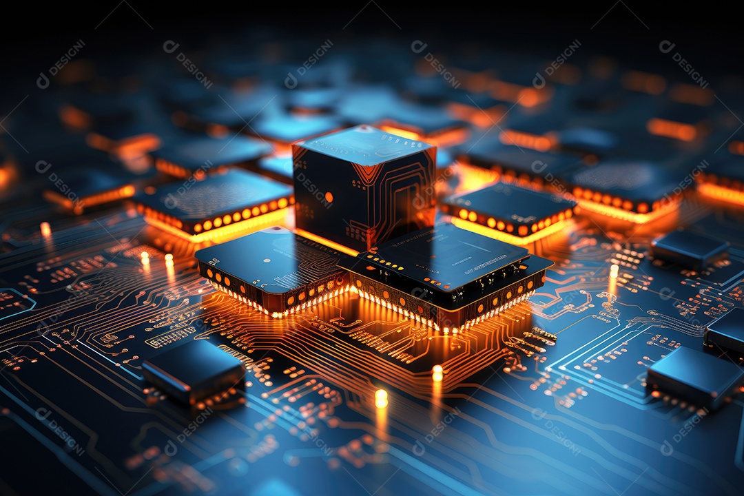 Processador de chipset de inteligência artificial em placa de circuito trabalhando em análise de dados aprendizado de máquina e conceito de tecnologia futurista IA generativa