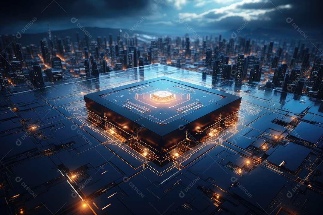 Processador de chipset de inteligência artificial em placa de circuito trabalhando em análise de dados aprendizado de máquina e conceito de tecnologia futurista IA generativa