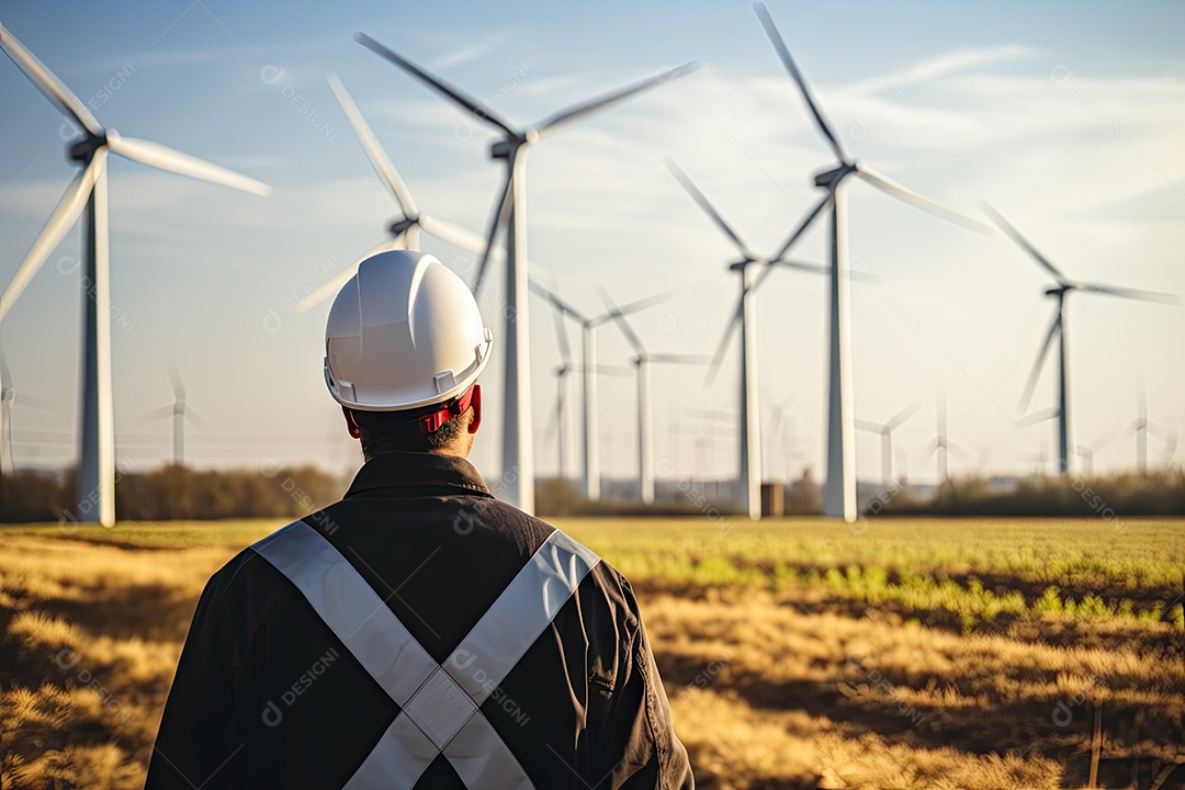 Engenheiro trabalhando com turbina eólica e painel solar IA generativa