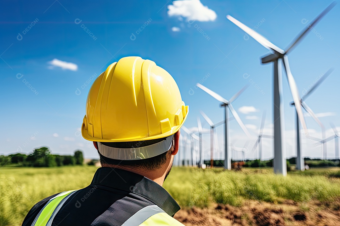 Engenheiro trabalhando com turbina eólica e painel solar IA generativa