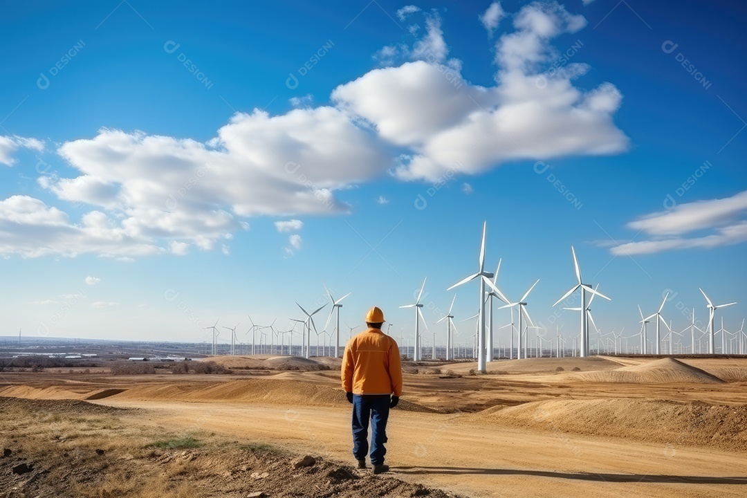 Engenheiro trabalhando com turbina eólica e painel solar IA generativa
