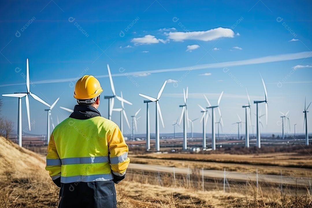 Engenheiro trabalhando com turbina eólica e painel solar IA generativa