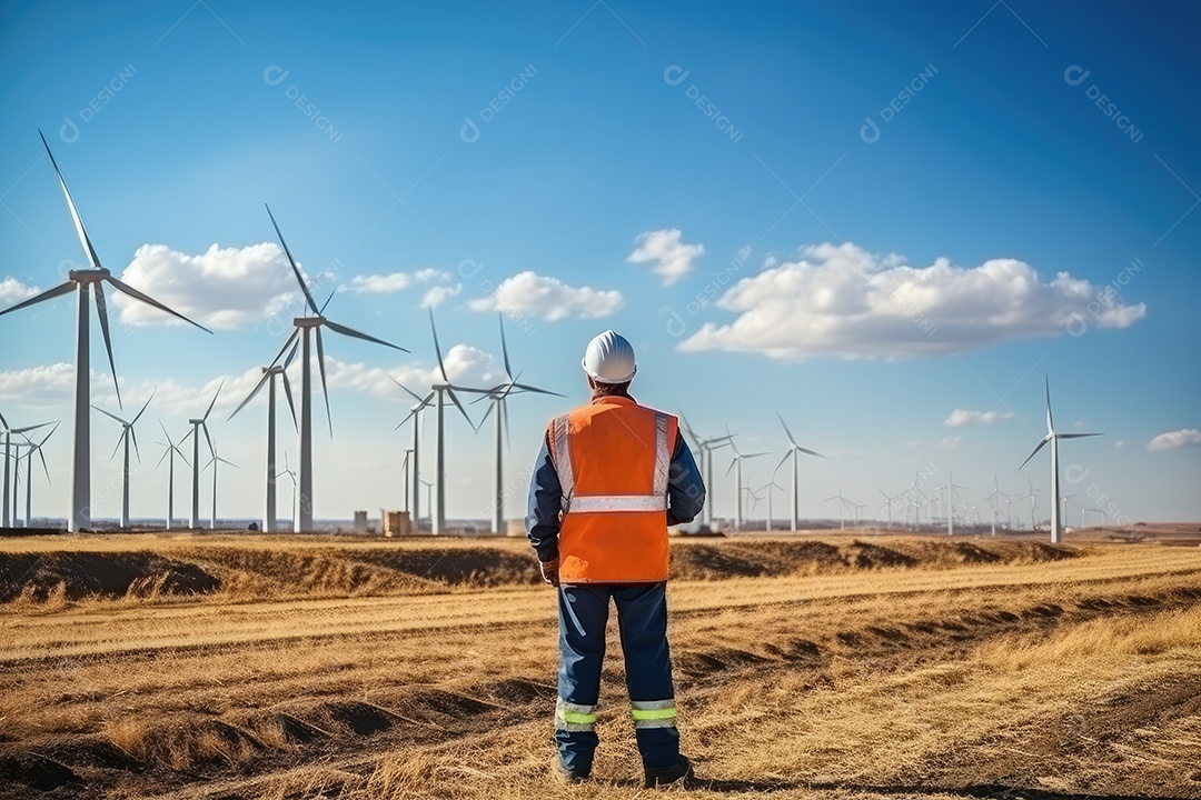 Engenheiro trabalhando com turbina eólica e painel solar IA generativa