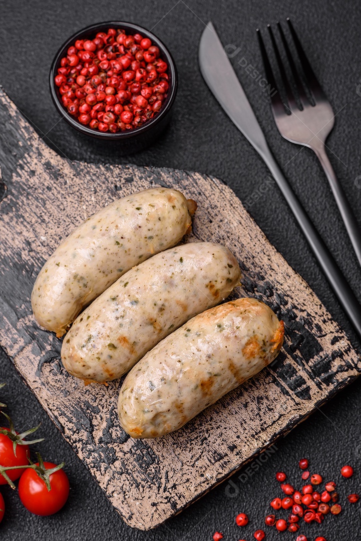 Deliciosa costeleta de soja vegetariana frita fresca com sal, especiarias e ervas com legumes em uma placa de cerâmica sobre um fundo escuro de concreto