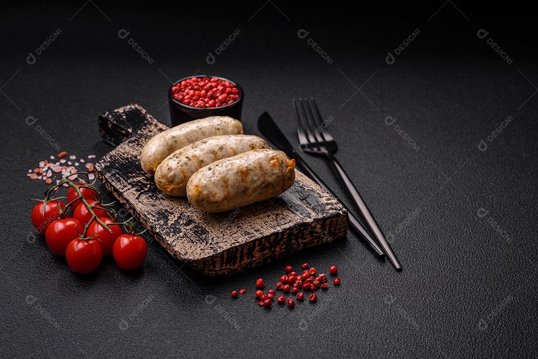 Deliciosa costeleta de soja vegetariana frita fresca com sal, especiarias e ervas com legumes em uma placa de cerâmica sobre um fundo escuro de concreto