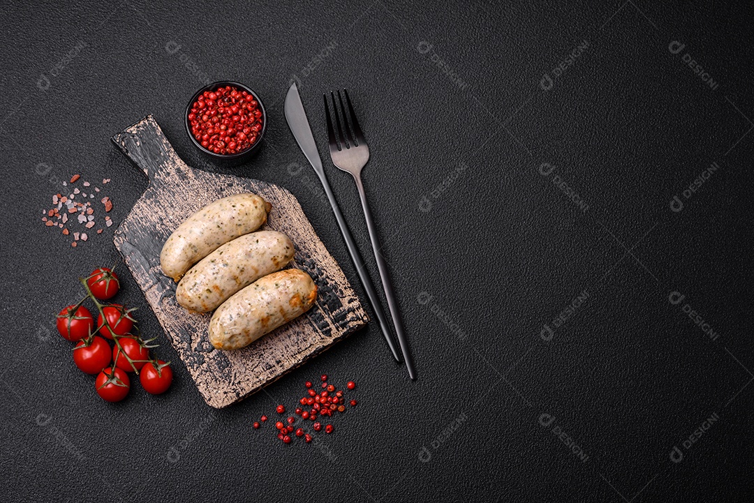 Deliciosa costeleta de soja vegetariana frita fresca com sal, especiarias e ervas com legumes em uma placa de cerâmica sobre um fundo escuro de concreto
