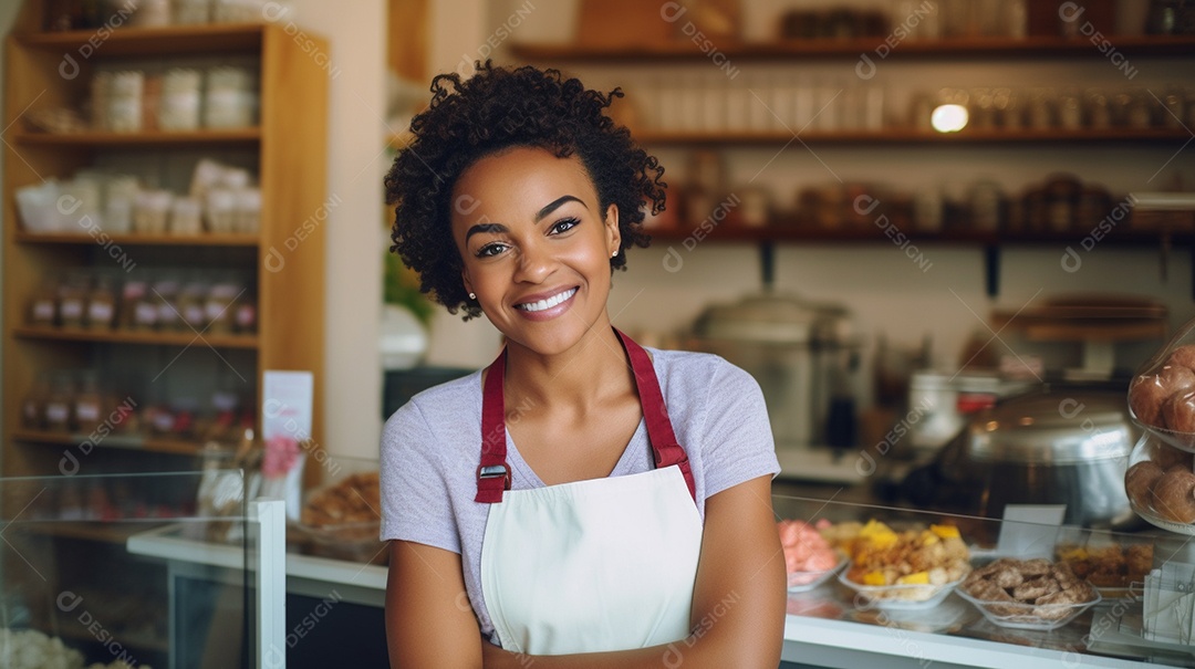 Mulher negra trabalhando em uma loja de doces