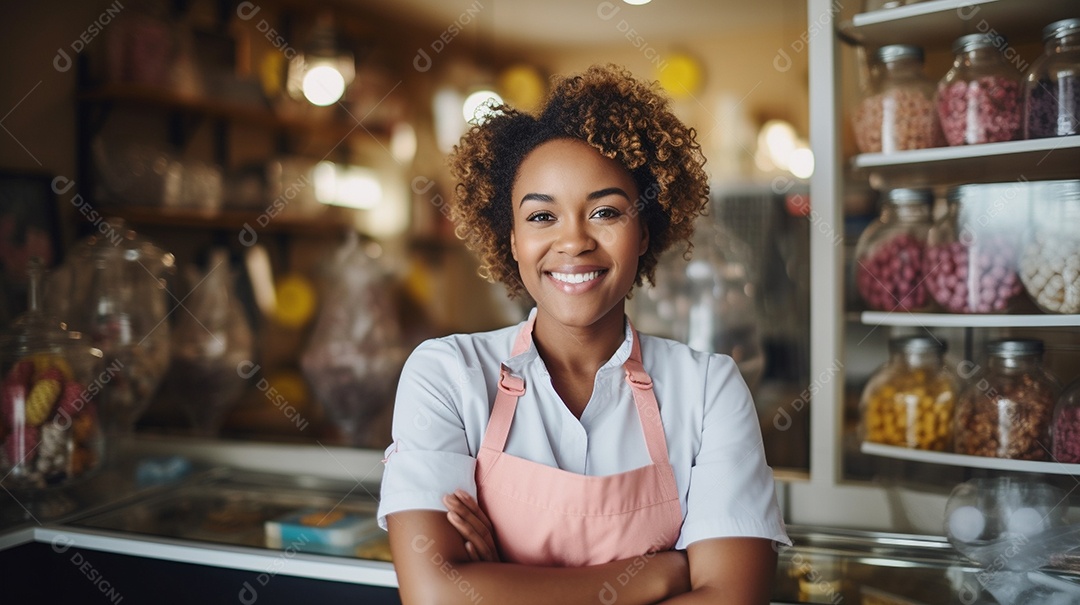 Mulher negra trabalhando em uma loja de doces