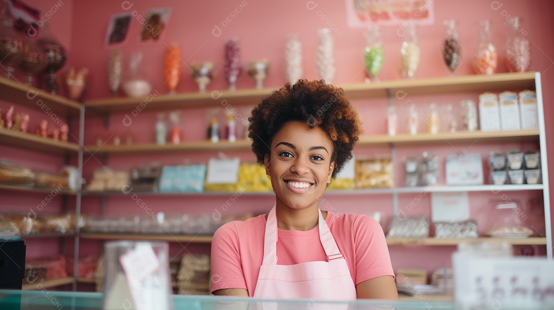 Mulher negra trabalhando em uma loja de doces
