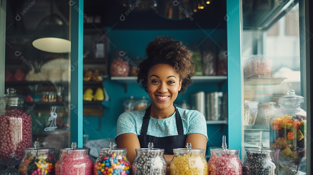 Mulher negra trabalhando em uma loja de doces