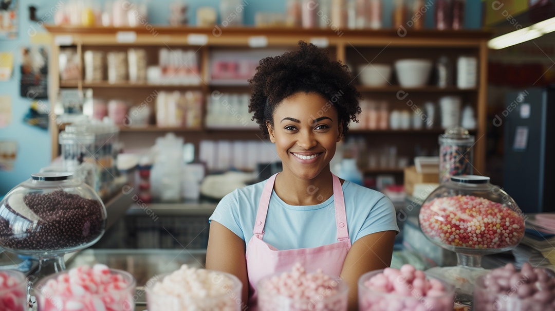 Mulher negra trabalhando em uma loja de doces