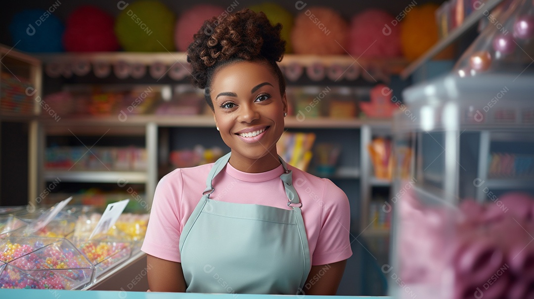 Mulher negra trabalhando em uma loja de doces
