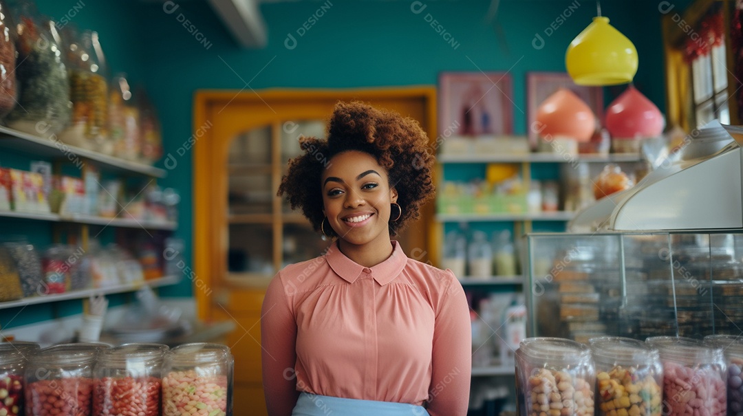 Mulher negra trabalhando em uma loja de doces