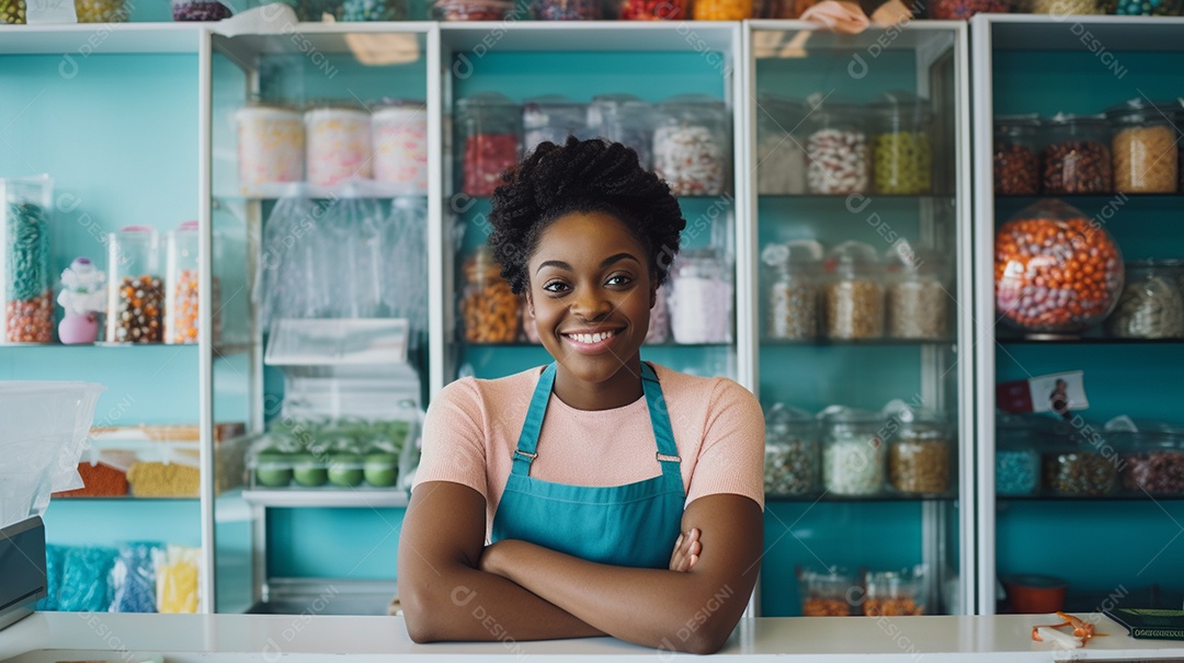 Mulher negra trabalhando em uma loja de doces