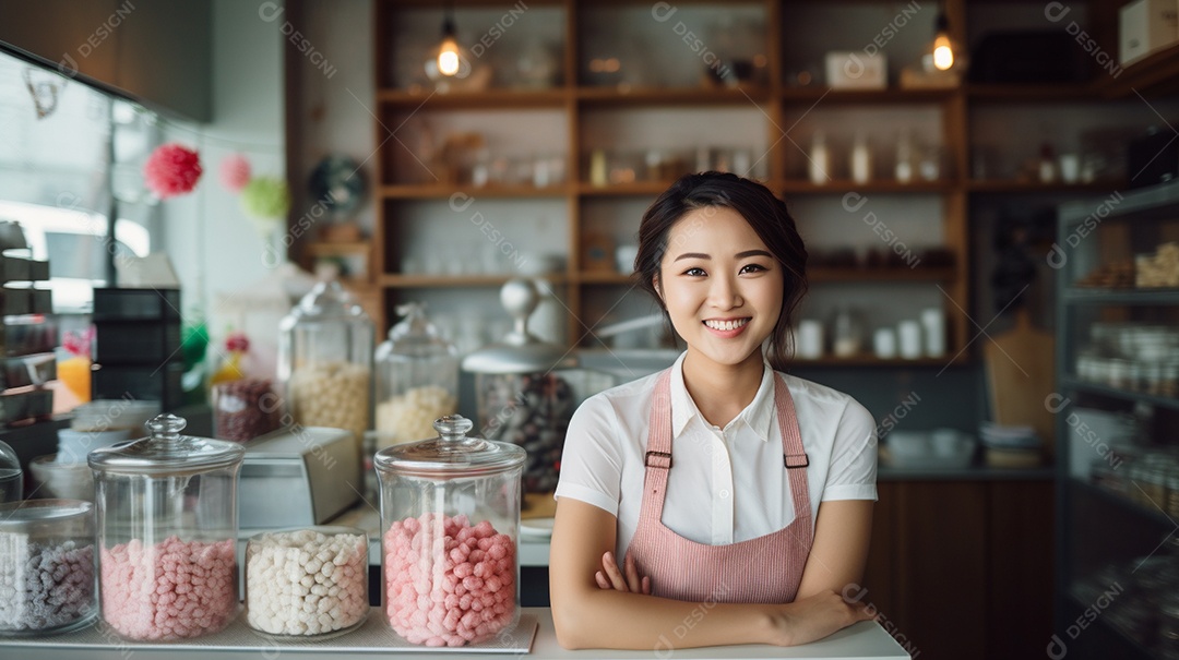 Mulher asiática trabalhando em uma loja de doces