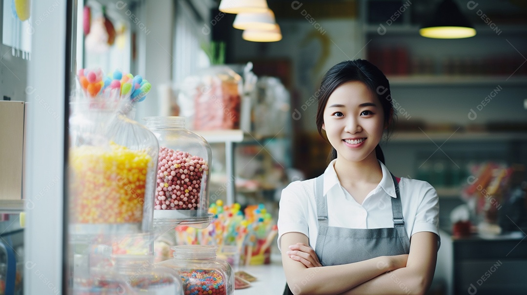 Mulher asiática trabalhando em uma loja de doces