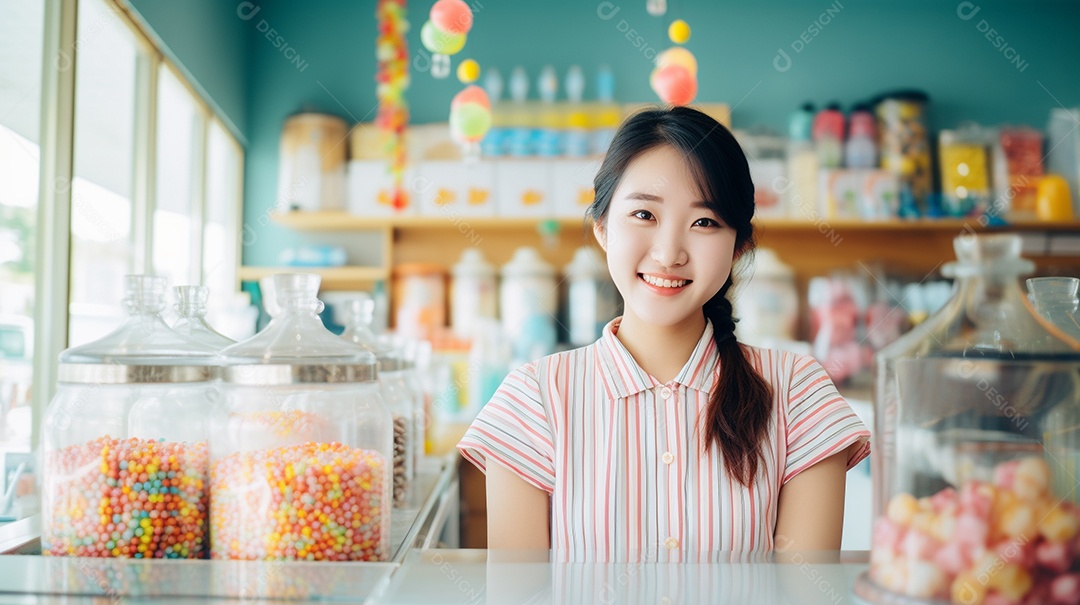 Mulher asiática trabalhando em uma loja de doces