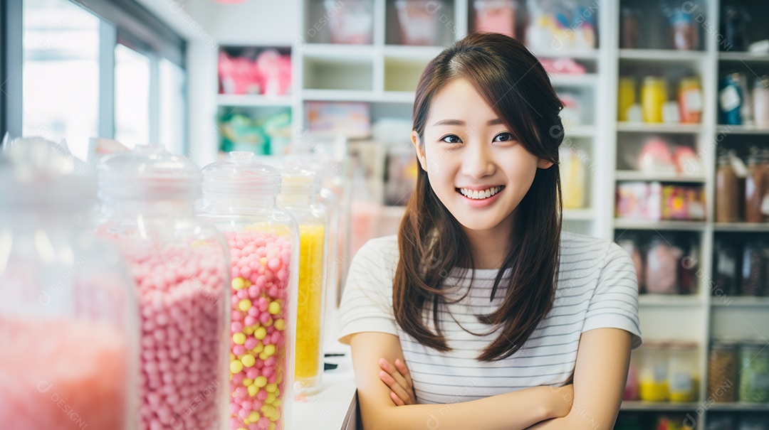 Mulher asiática trabalhando em uma loja de doces