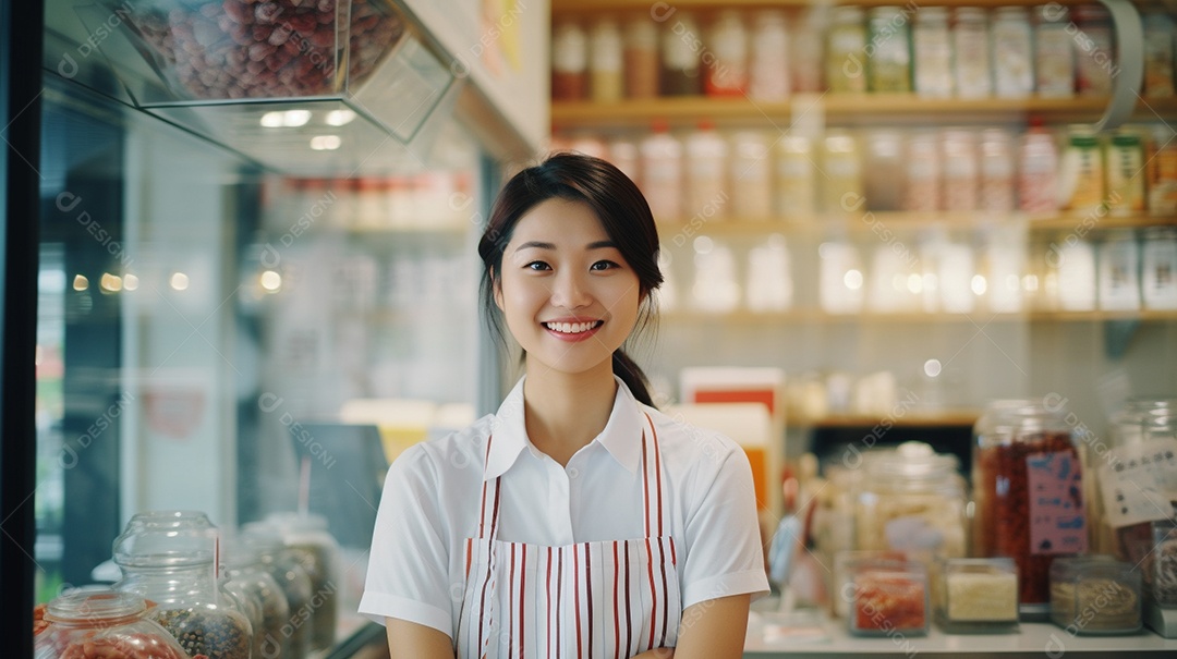 Mulher asiática trabalhando em uma loja de doces