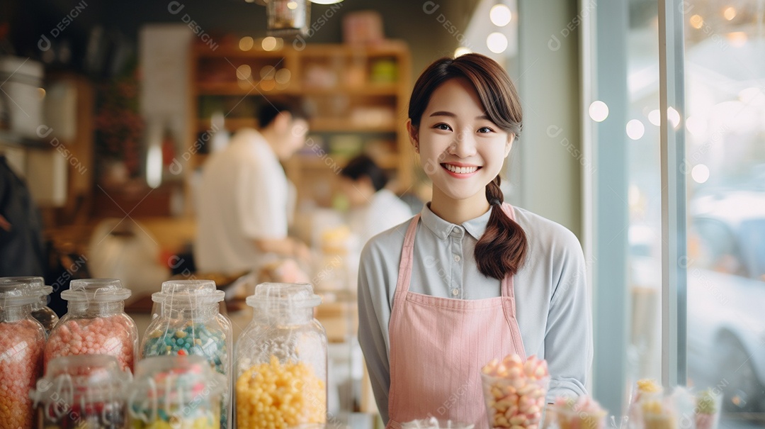 Mulher asiática trabalhando em uma loja de doces