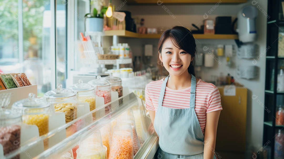 Mulher asiática trabalhando em uma loja de doces