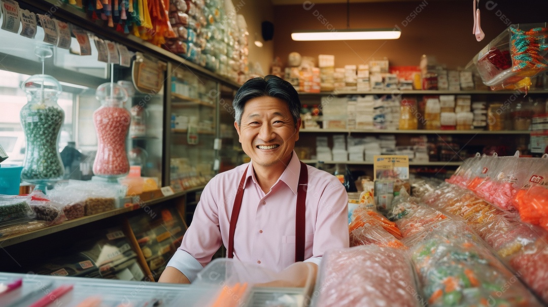 Homem asiático trabalhando em uma loja de doces