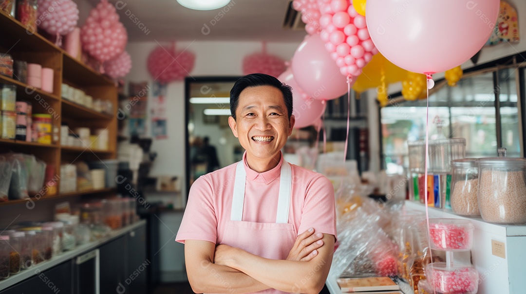 Homem asiático trabalhando em uma loja de doces