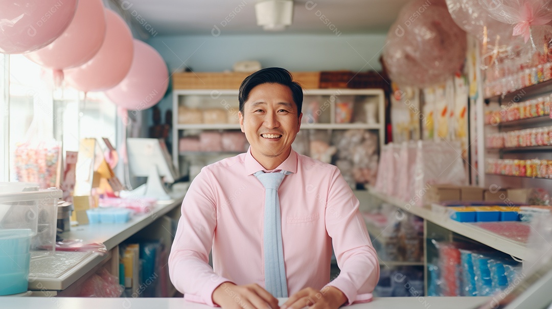 Homem asiático trabalhando em uma loja de doces
