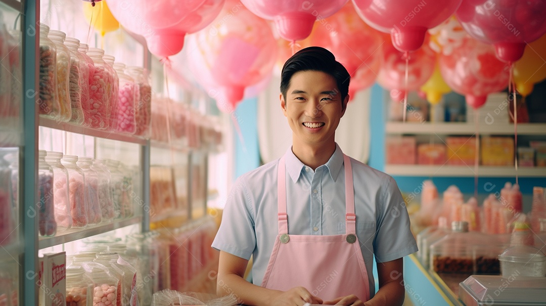 Homem asiático trabalhando em uma loja de doces