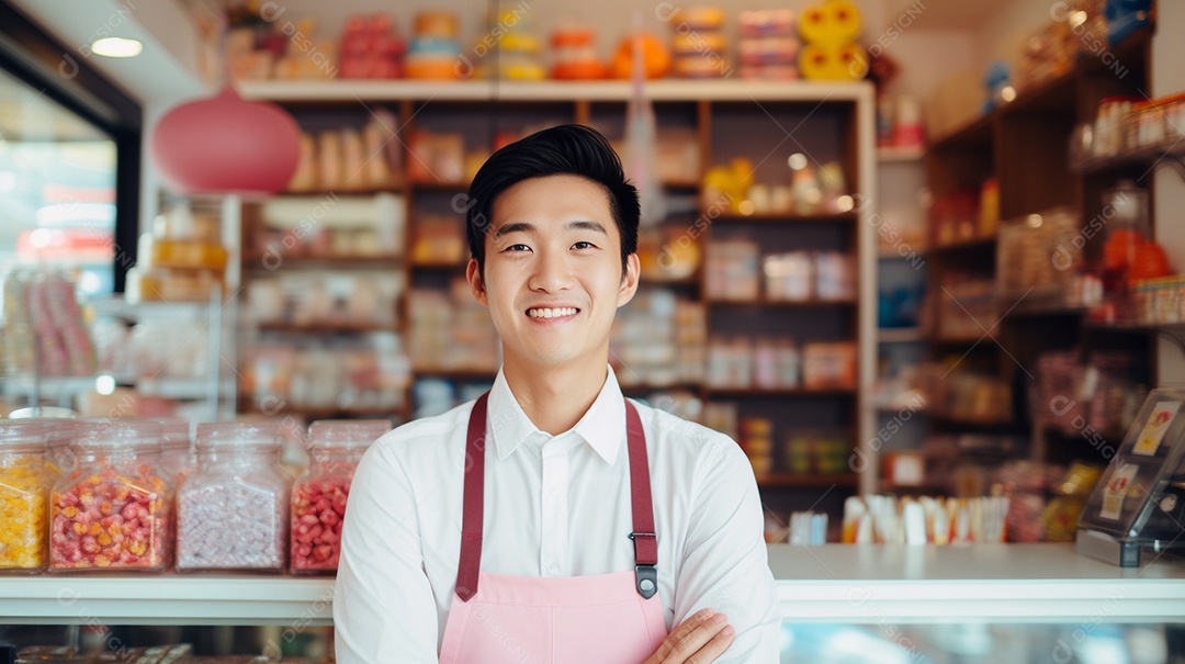 Homem asiático trabalhando em uma loja de doces