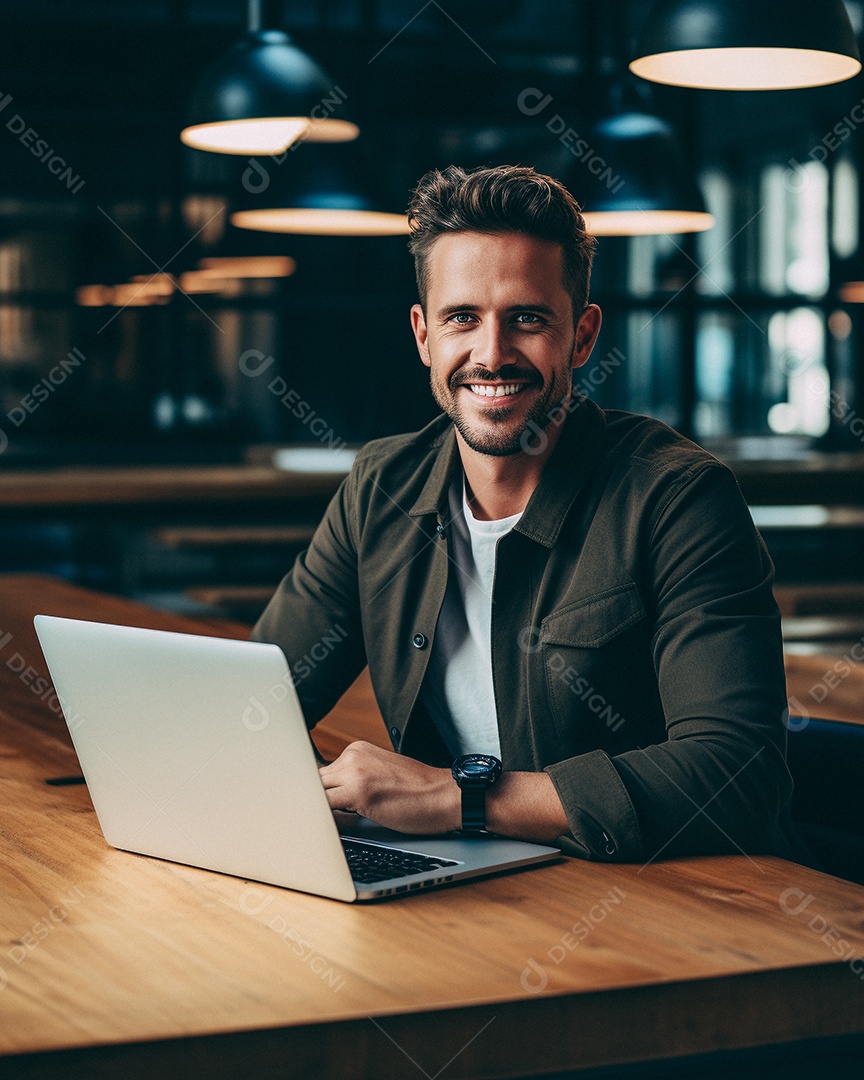 Homem atraente na casa dos 30 anos em um macbook