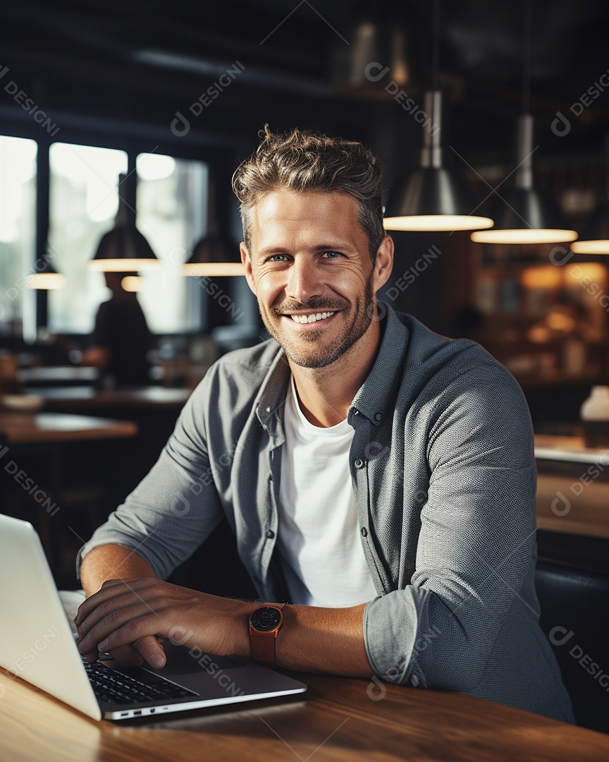 Homem atraente na casa dos 30 anos em um macbook