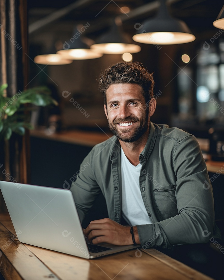Homem atraente na casa dos 30 anos em um macbook