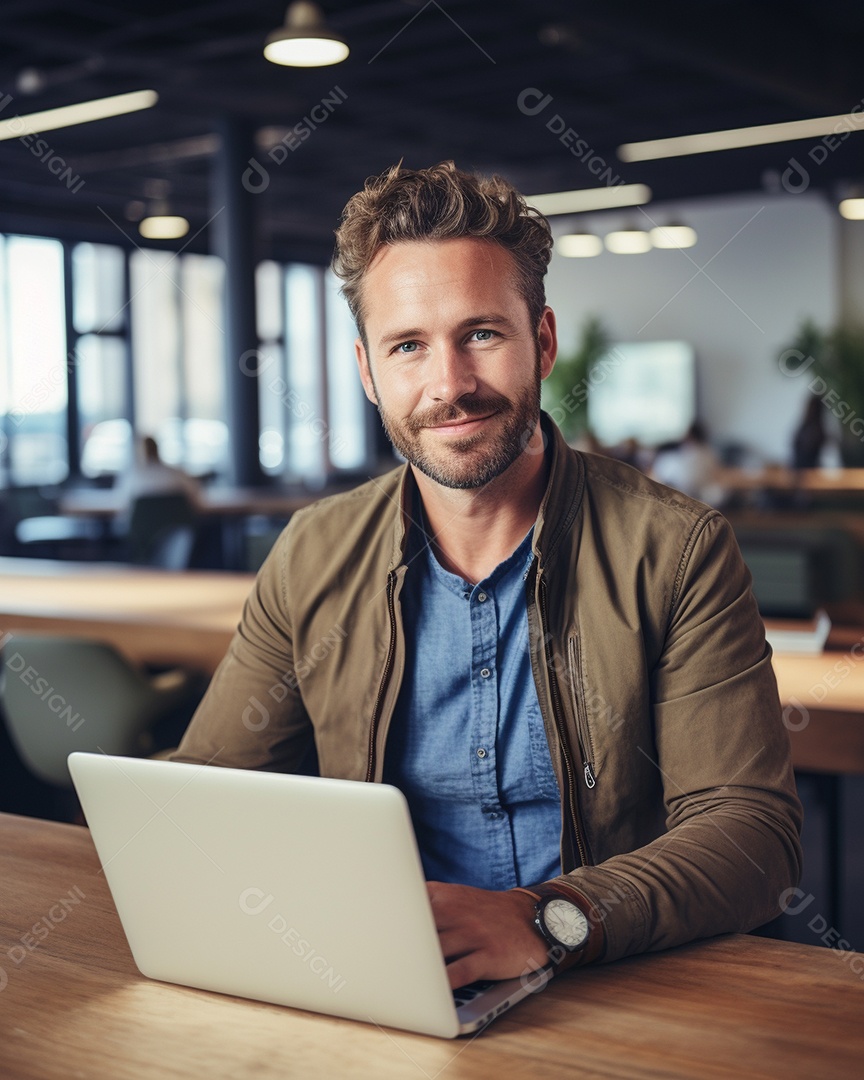 Homem atraente na casa dos 30 anos em um macbook