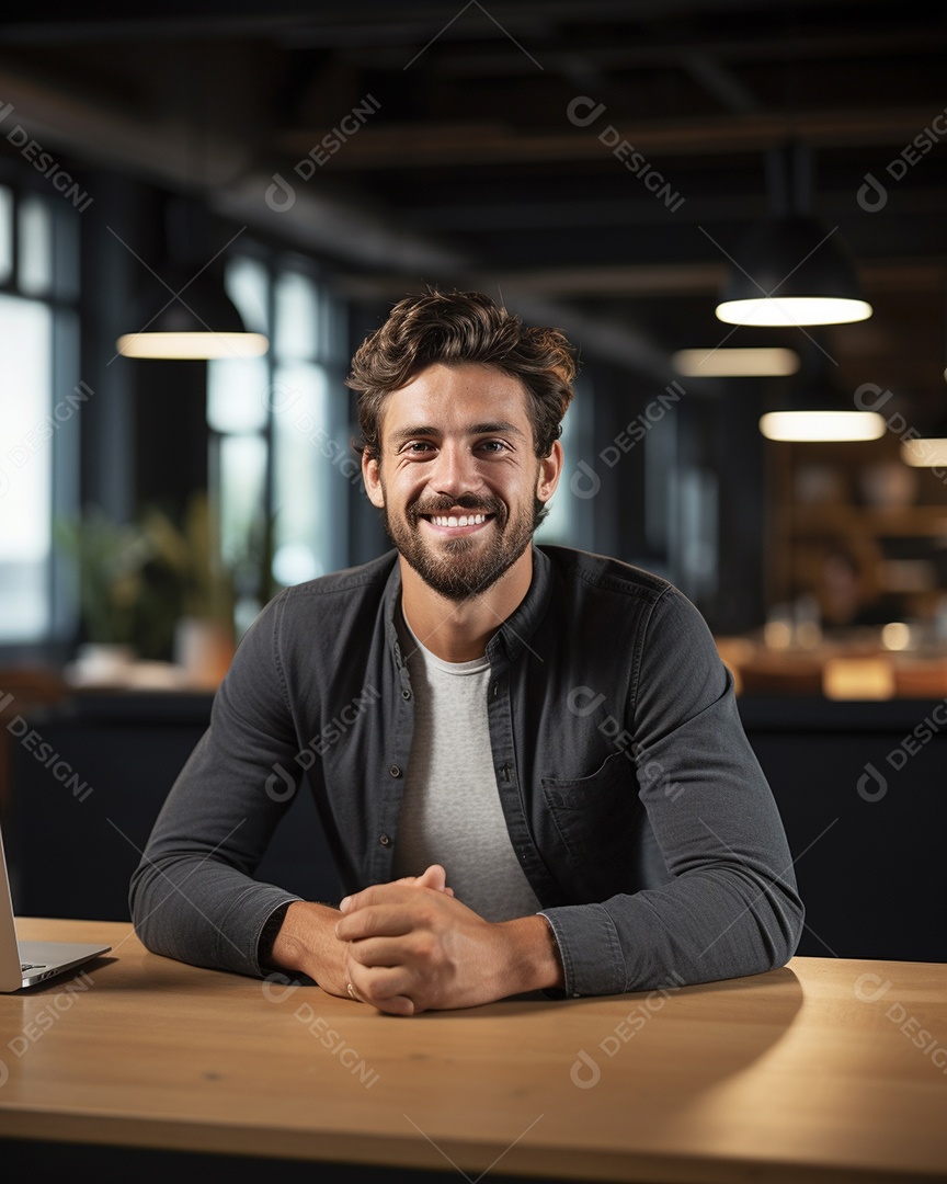 Homem atraente na casa dos 30 anos em um macbook